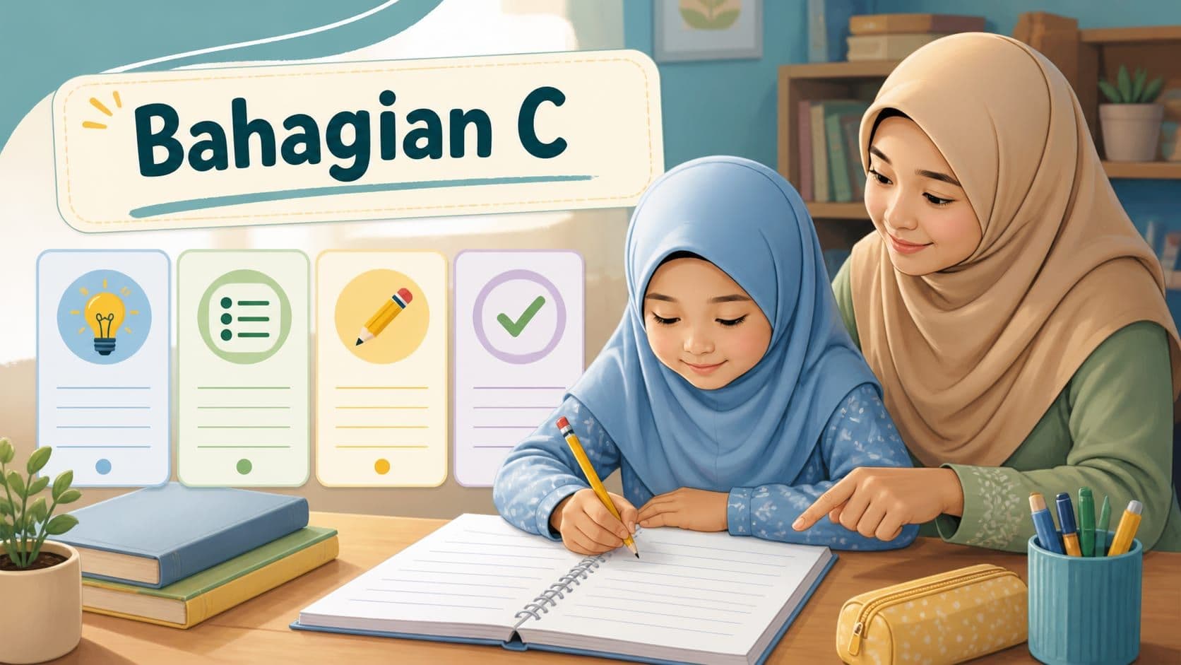 Murid Tahun 6 menulis latihan Bahagian C PKSK di meja belajar