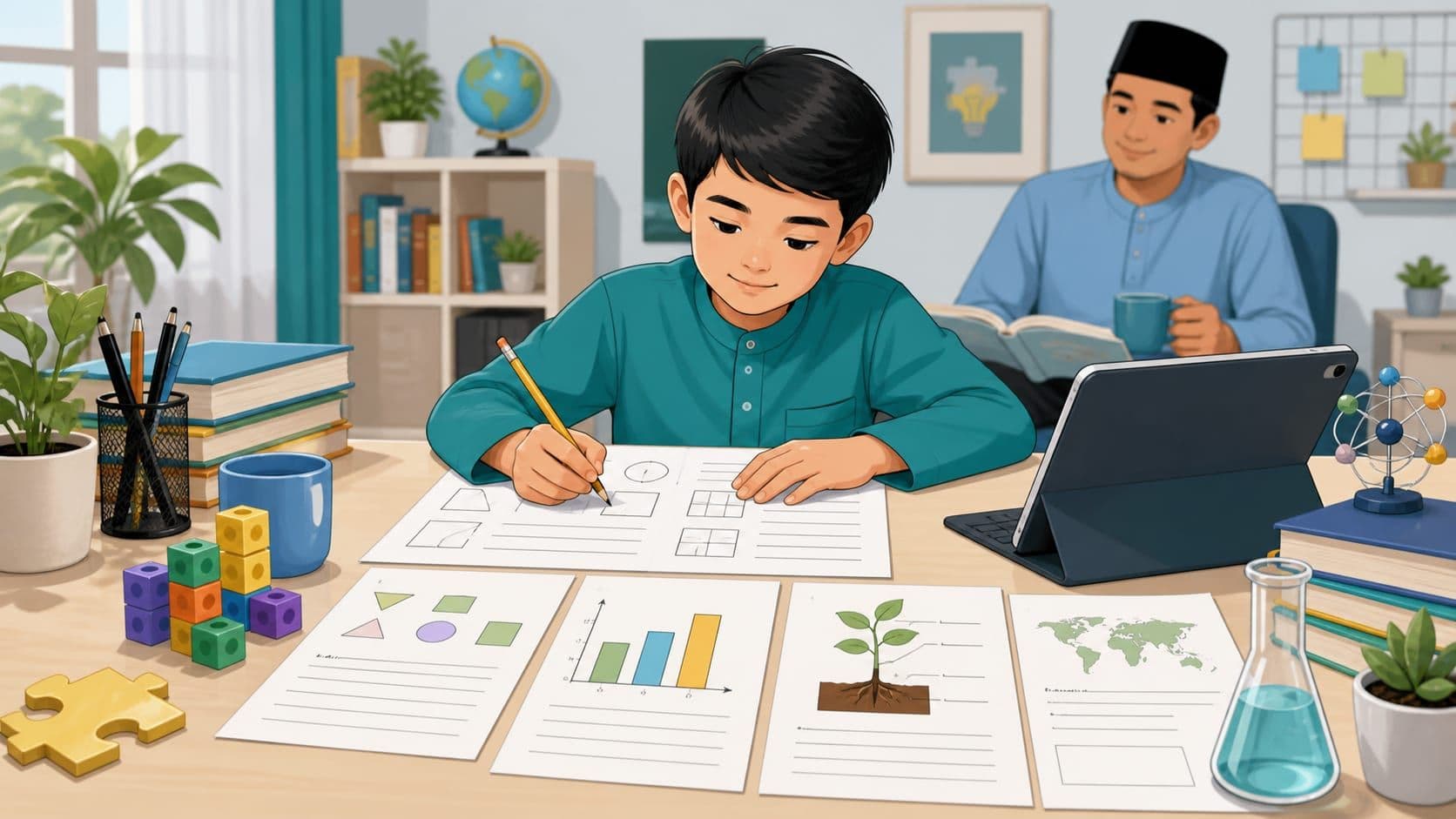 Murid Tahun 6 membuat latihan PKSK Bahagian B di meja belajar