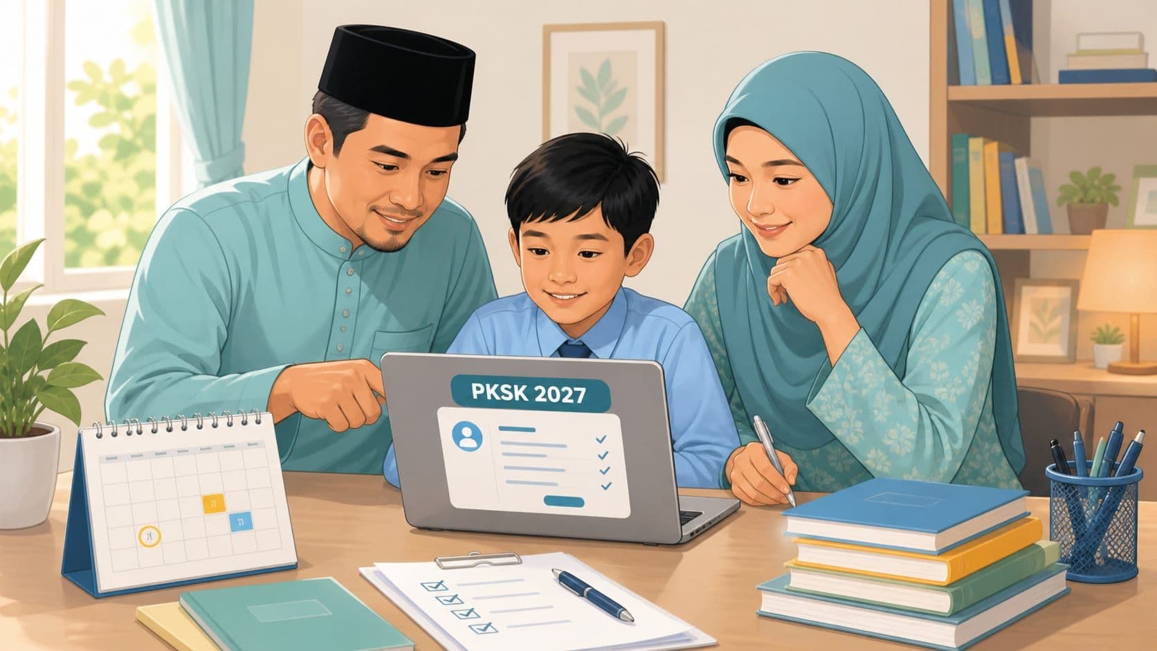 Ibu dan anak menyemak permohonan PKSK 2026 di komputer