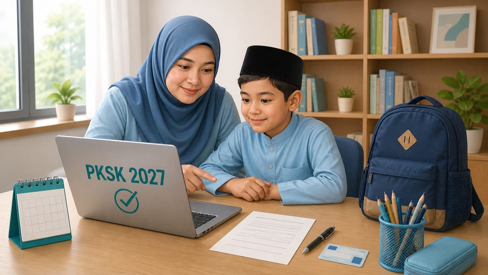 Ibu bapa dan murid menyemak pusat PKSK 2026 di komputer riba